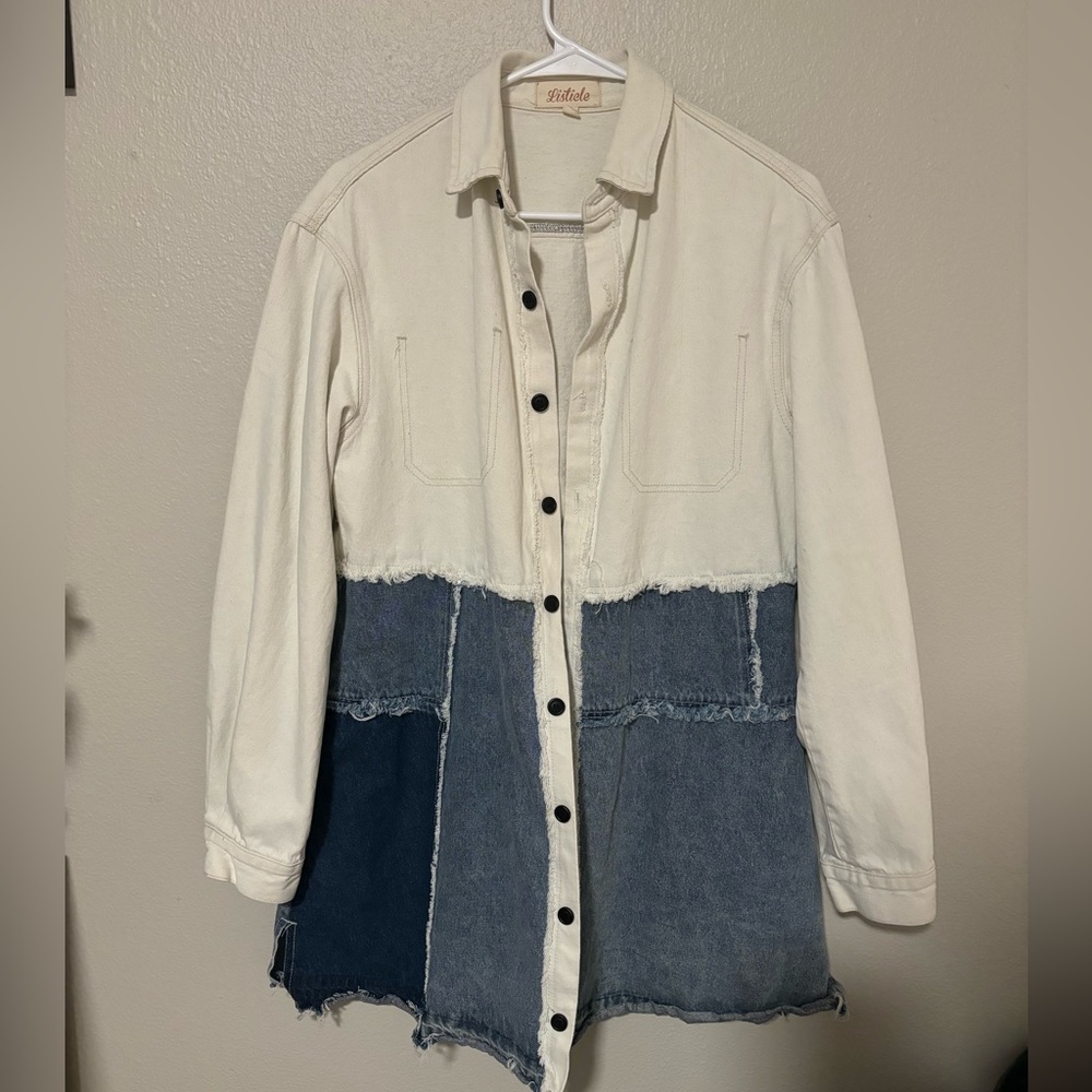Listicle Patchwork Denim Button-Up Shacket – Size Small